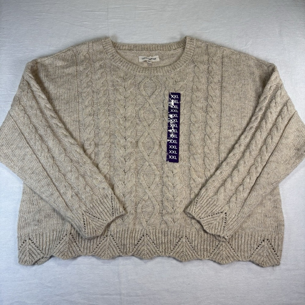 Lucky Brand Sweater Womens 2XL Beige Gold Flecks Cable Knit Pullover NWT